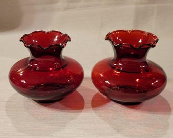 2 Vintage Anchor Hocking Royal Ruby Glass Vases 3"