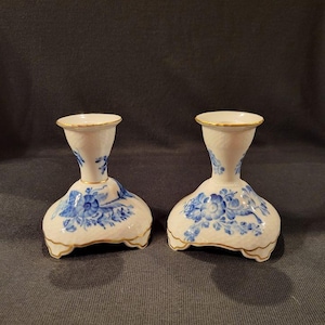 Vintage Pair of Royal Copenhagen Denmark Porcelain Blue and White Floral Candlesticks # 1711