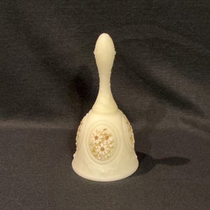 Vintage 1970’s Fenton Satin Custard Uranium Glass Hand Painted Coralene Daisy Bell Signed with Original Label Glows Under Black Light