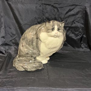 Vintage N. S. Gustin Large California Pottery Gray and White Long Hair Cat Figure