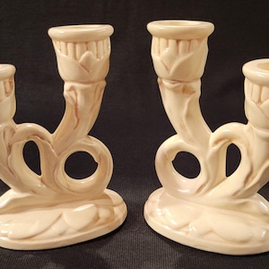 Pair of Vintage Mid Century Red Wing Pottery Magnolia Pattern Candlesticks