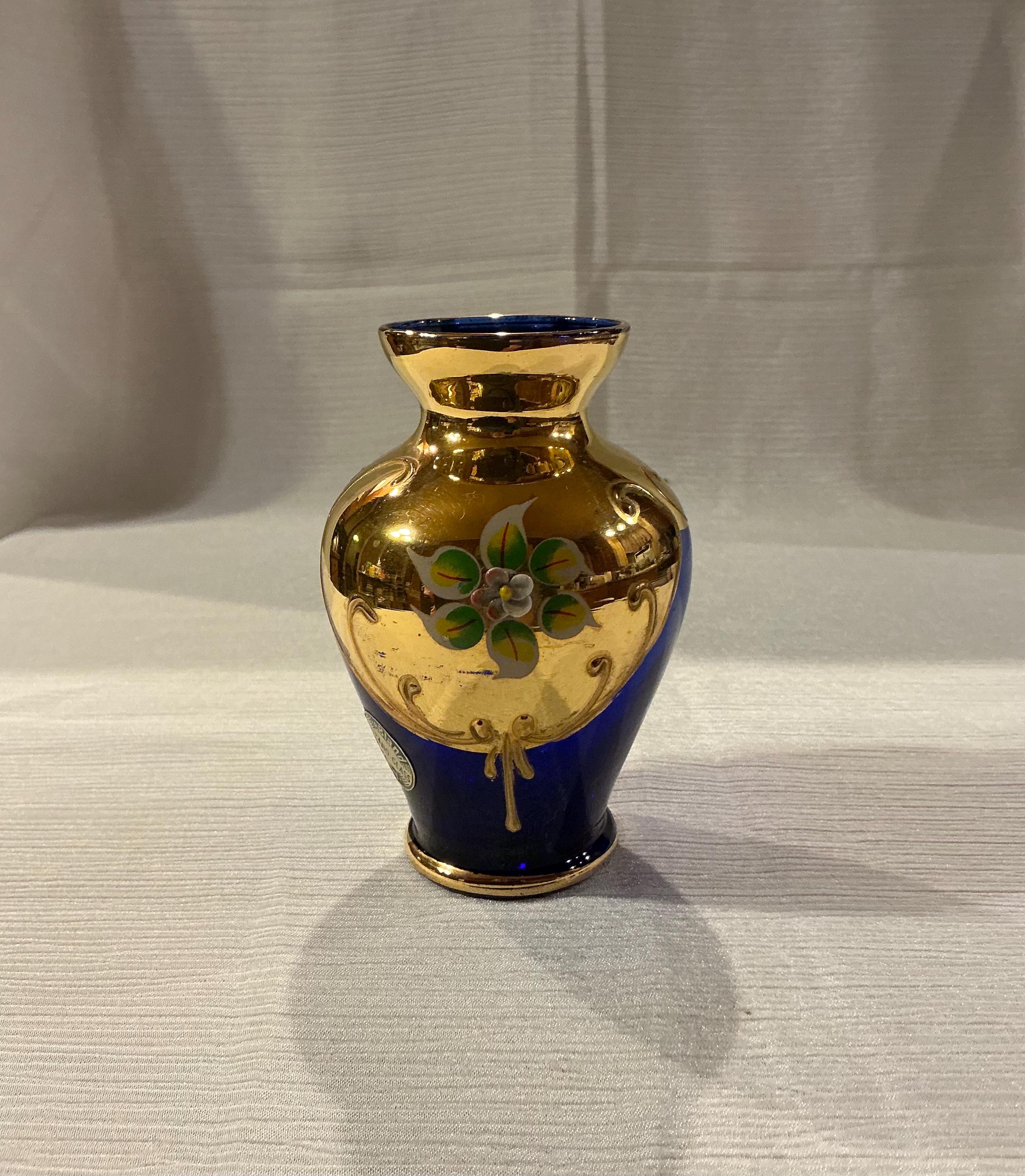 Vintage Febland Italy Murano Glass Cobalt Blue Vase Enameled