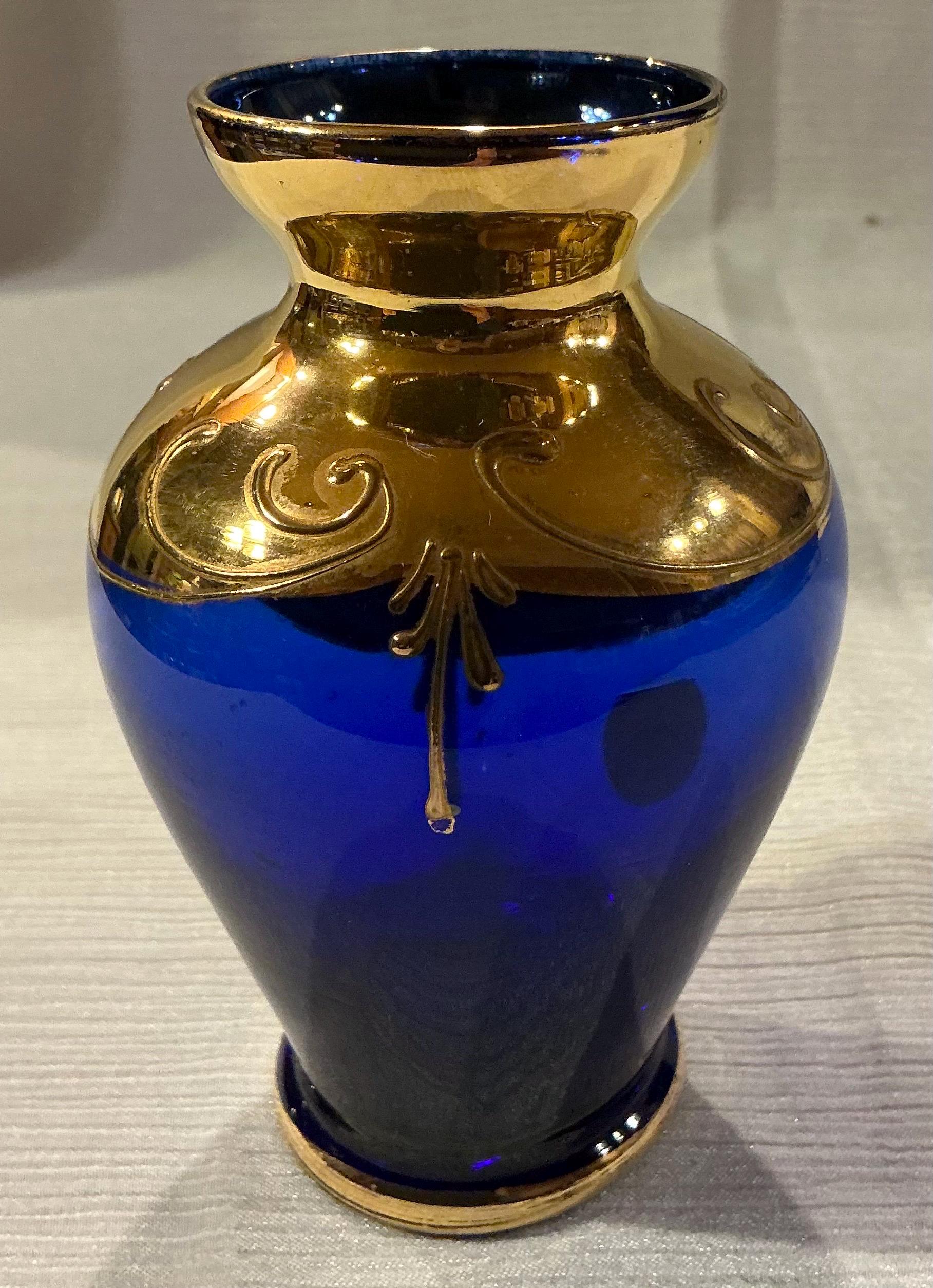 Vintage Febland Italy Murano Glass Cobalt Blue Vase Enameled  GlassOfVenice Murano Glass Small Blue/Gold Vase With Attitude Handles main image 0