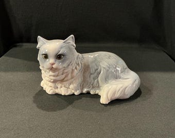 Vintage Goebel Porcelain Long Haired Cat Figurine, Gray and White