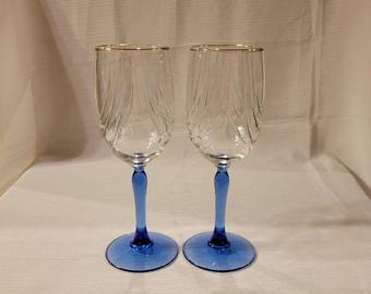 2 Vintage Lenox Crystal Cobalt Stemmed Swag Draped Wine Glasses Gold Rim 8oz