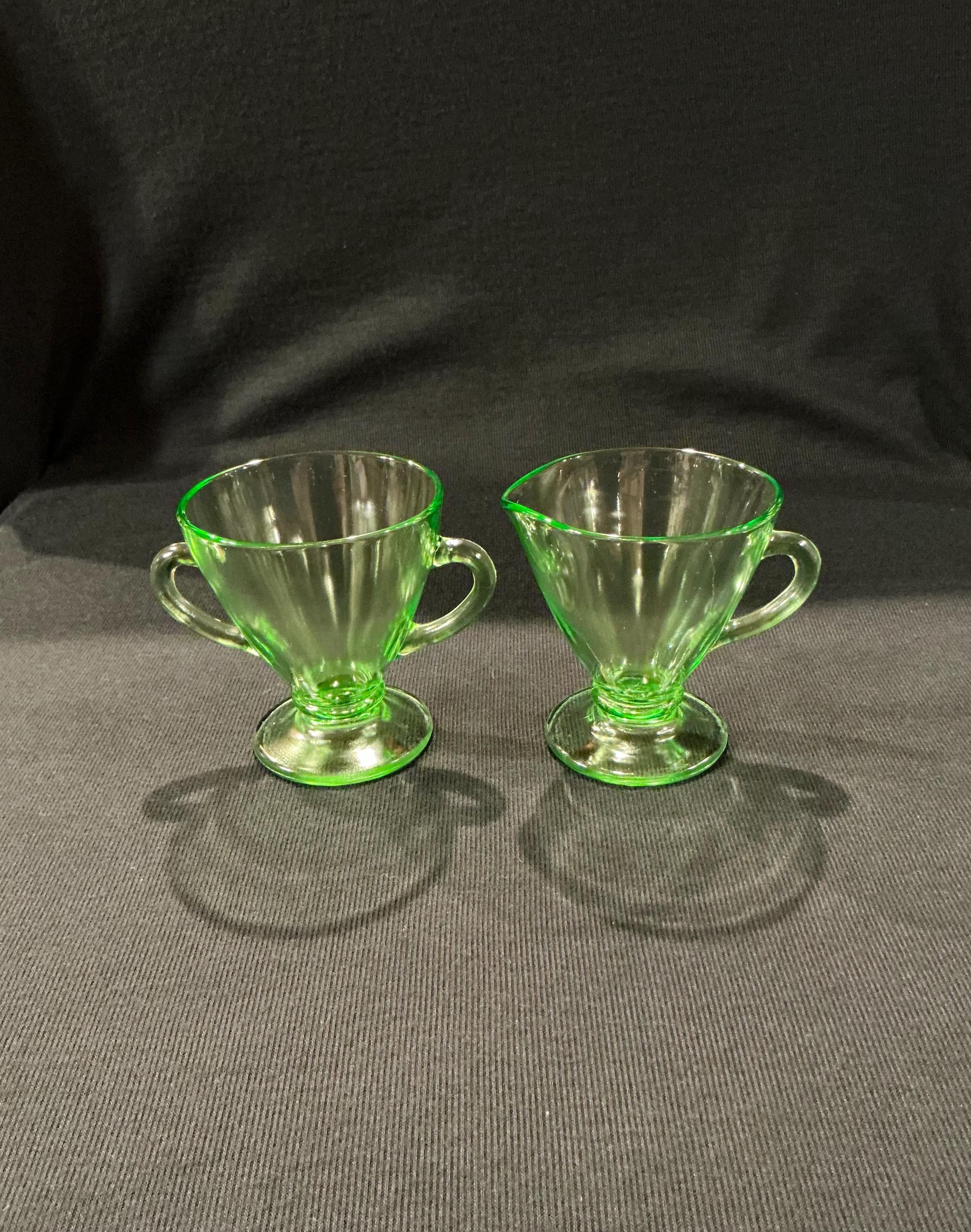 Vintage Hazel Atlas Green Depression Uranium Glass Sugar Bowl and Creamer Set Glows Under Black Light