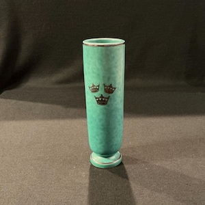 Vintage 1940’s Gustavsberg Argenta Sweden Pottery Vase with Silver Triple Crown Design