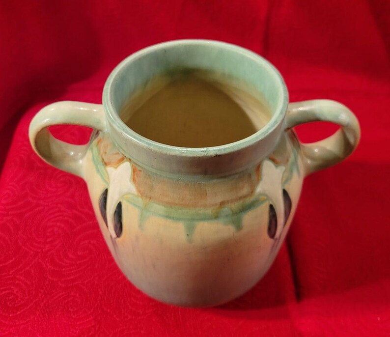 Rare Vintage 1930's Roseville Pottery Blue Monticello / Montacello Handled Vase 560-6 immagine 2