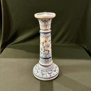 Vintage Hand Painted Blue Delft Pottery Candlestick or Candle Holder Made in Portugal
