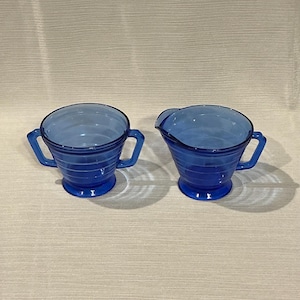 Vintage Hazel Atlas Glass Modertone Pattern in Cobalt Blue Sugar and Creamer Depression Glass