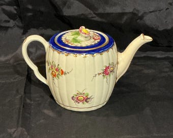 Antique Circa 1770 Dr Wall First Period Worcester Porcelain Ribbed Barrel Teapot HandPainted with Polychrome Enamel Florals 18th Century