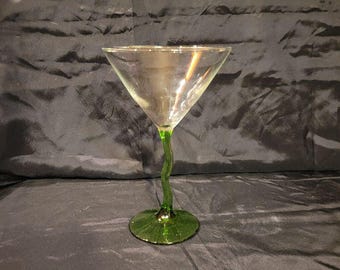 Vintage Libbey Glass Courbe Zig Zag Green Stem Martini Glass