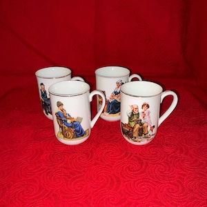 Set of 4 Porcelain Norman Rockwell Museum 9 ounce Mugs 1982