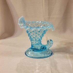 Vintage Fenton Glass Blue Overlay Hobnail Cornucopia Vase Candle Holder Combination