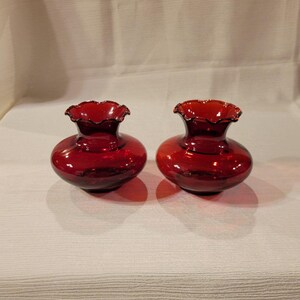 2 Vintage Anchor Hocking Royal Ruby Glass Vases 3&quot;