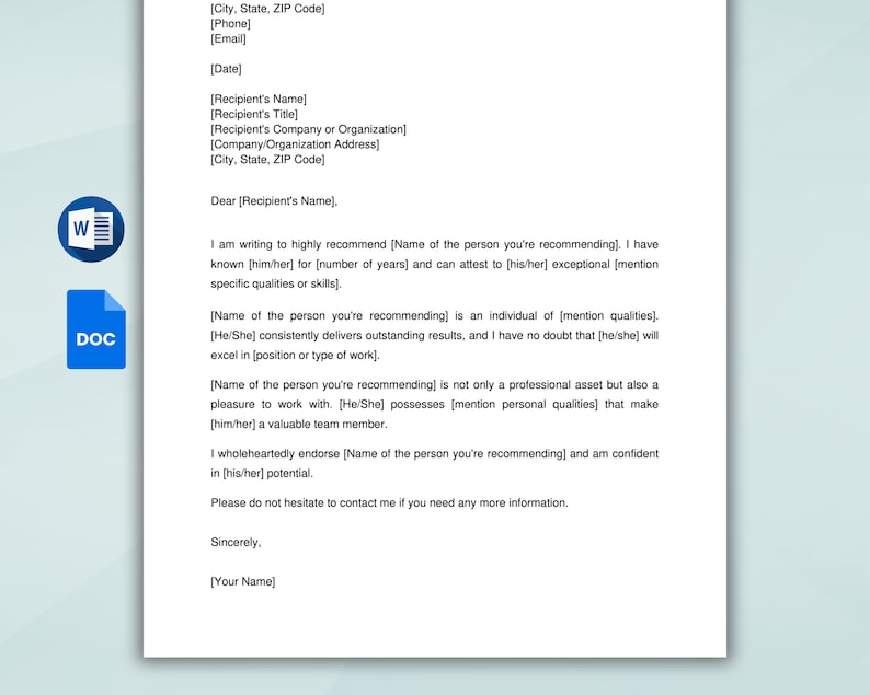 Printable Personal Reference Letter Template. Letter of Recommendation ...