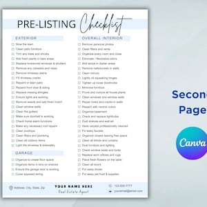 May include: A pre-listing checklist for real estate agents, with sections for exterior and overall interior. The checklist includes tasks such as mowing the lawn, cleaning gutters, removing personal photos, and organising closets.