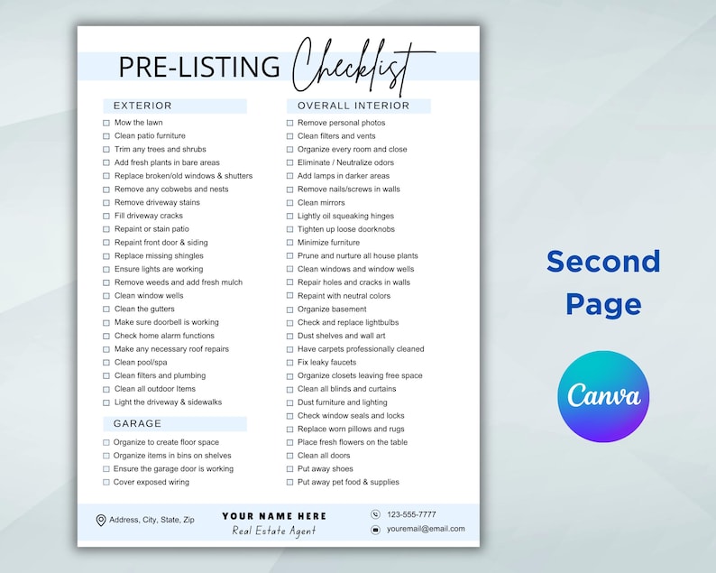 May include: A pre-listing checklist for real estate agents, with sections for exterior and overall interior. The checklist includes tasks such as mowing the lawn, cleaning gutters, removing personal photos, and organising closets.
