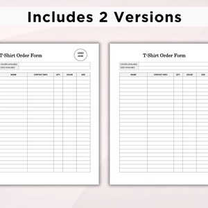 May include: Two blank T-shirt order forms with the text "T-Shirt Order Form" at the top. The form includes columns for name, contact info, quantity, color, and size.