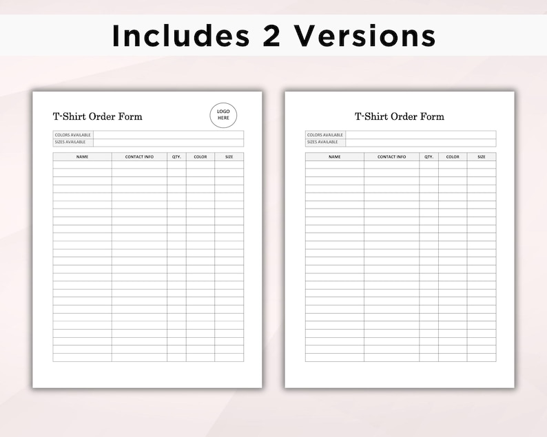May include: Two blank T-shirt order forms with the text "T-Shirt Order Form" at the top. The form includes columns for name, contact info, quantity, color, and size.