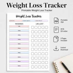 May include: A printable weight loss tracker document featuring a header with the text Weight Loss Tracker, sections for start date, current weight, and target weight, and a table with columns for rewards in lbs and checkboxes for lbs lost.