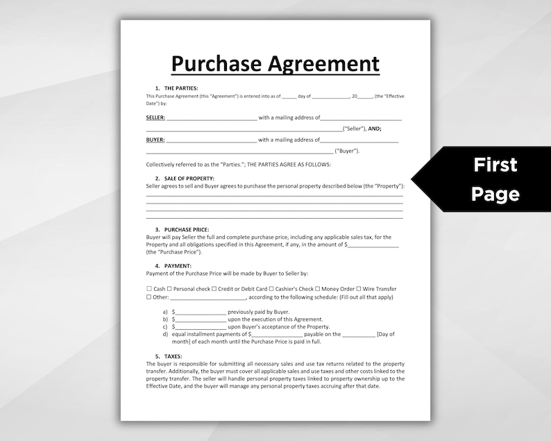 Pode incluir: Um documento legal preto e branco intitulado "Contrato de compra". O documento descreve os termos de um contrato de compra entre um vendedor e um comprador. O documento inclui se&ccedil;&otilde;es para as partes envolvidas, a venda da propriedade, o pre&ccedil;o de compra, o pagamento e os impostos.