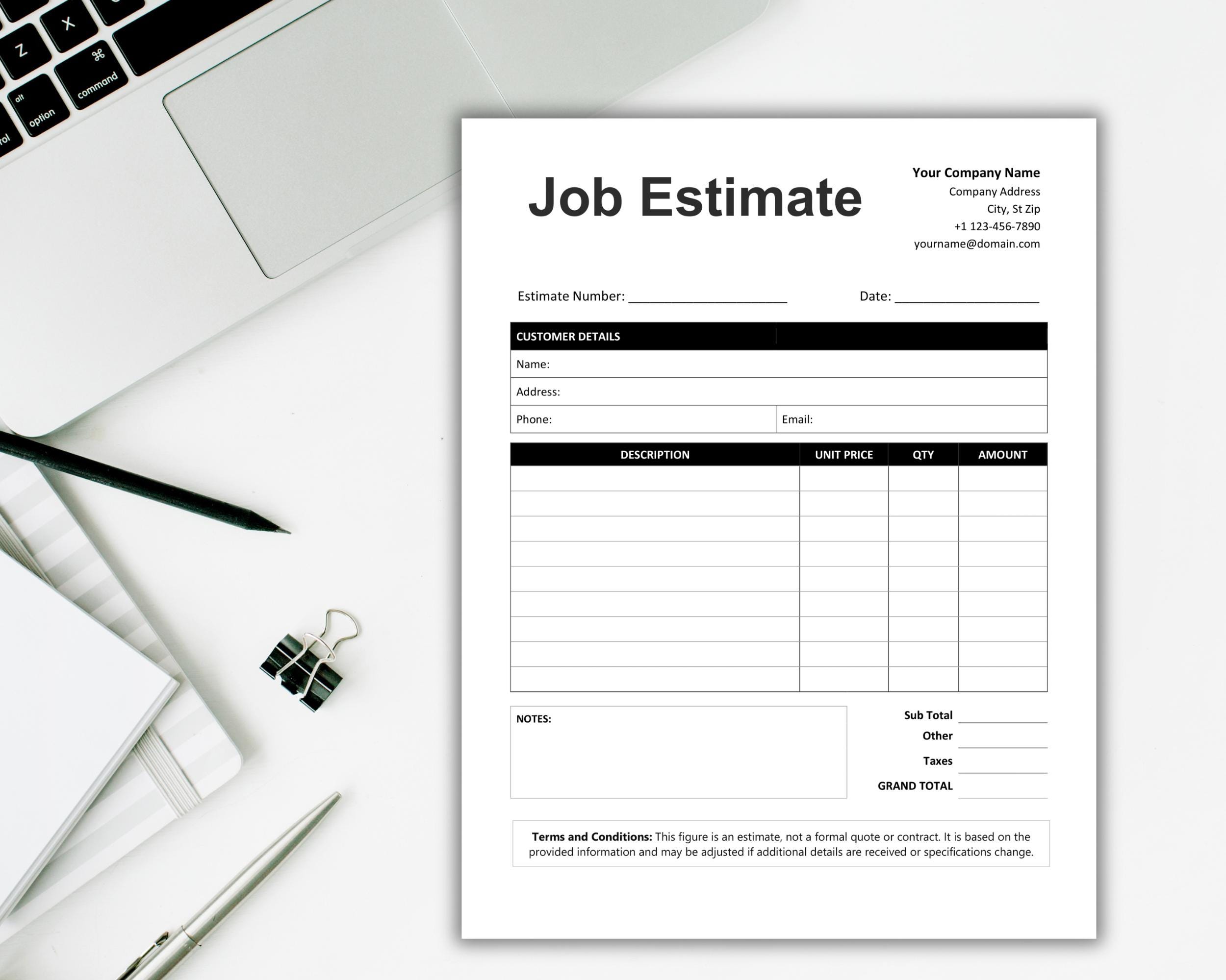 Editable Job Estimate Template. Printable Job Estimate Form Small ...