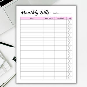 Printable Monthly Bill Log. Bill Planner. Bill Payment Checklist Tracker. Bill Pay Organizer. Bill Payment Checklist. Bills Checklist. PDF