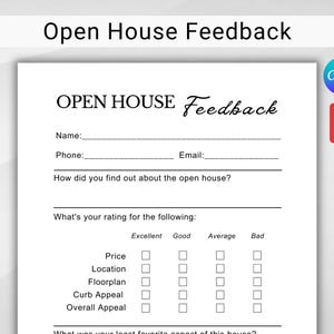 Open House Feedback Form. Printable Real Estate Open House. Questionnaire Realtor Open House Flyers. Buyer Feedback. Editable Canva Template