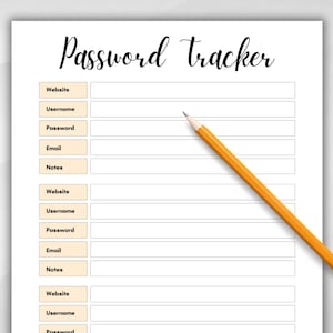 Könnte beinhalten: Ein druckbarer Passwort-Tracker mit Abschnitten für Website, Benutzername, Passwort, E-Mail und Notizen. Der Tracker soll Benutzern helfen, ihre Online-Konten im Auge zu behalten.