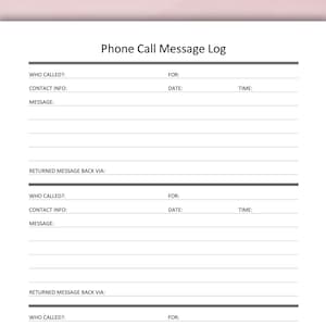 Editable Phone Call Message Log. Printable Message Log. Communication Log. Phone Messages. Voicemail Tracker. WORD, PDF. Instant Download