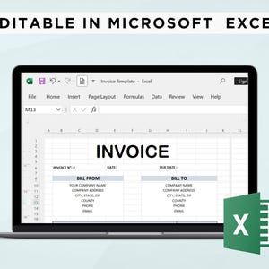 May include: A laptop computer screen displaying a Microsoft Excel spreadsheet with an invoice template. The spreadsheet has headings for "Bill From" and "Bill To" with fields for company name, address, city, state, postcode, county, phone, and email. The spreadsheet also has fields for invoice number, date, and due date. The Excel logo is visible in the lower right corner of the screen.