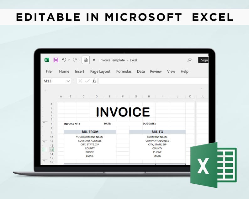 May include: A laptop computer screen displaying a Microsoft Excel spreadsheet with an invoice template. The spreadsheet has headings for "Bill From" and "Bill To" with fields for company name, address, city, state, postcode, county, phone, and email. The spreadsheet also has fields for invoice number, date, and due date. The Excel logo is visible in the lower right corner of the screen.