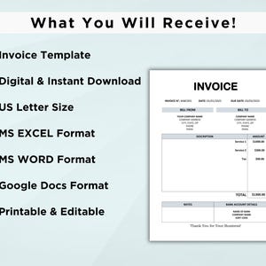 May include: A black and white invoice template with the text "INVOICE" in a large font. The template includes sections for "Bill From", "Bill To", "Description", "Amount", "Notes", and "Bank Account Details".