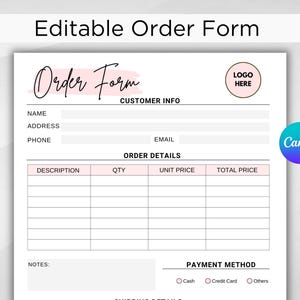Order Form Template Small Business Editable | Order Forms | Custom Order Form | Purchase Order Form | Craft Order Form Canva Templates