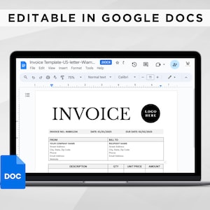 K&ouml;nnte beinhalten: Ein Google Docs-Fenster, das eine editierbare Rechnungsvorlage anzeigt. Die Vorlage enth&auml;lt Felder f&uuml;r Rechnungsnummer, Datum, F&auml;lligkeitstermin, von, an, Beschreibung, Menge, Einzelpreis und Betrag. Die Vorlage enth&auml;lt auch einen Platz f&uuml;r ein Logo.
