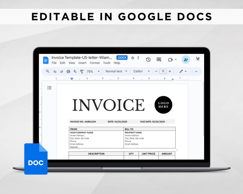 K&ouml;nnte beinhalten: Ein Google Docs-Fenster, das eine editierbare Rechnungsvorlage anzeigt. Die Vorlage enth&auml;lt Felder f&uuml;r Rechnungsnummer, Datum, F&auml;lligkeitstermin, von, an, Beschreibung, Menge, Einzelpreis und Betrag. Die Vorlage enth&auml;lt auch einen Platz f&uuml;r ein Logo.