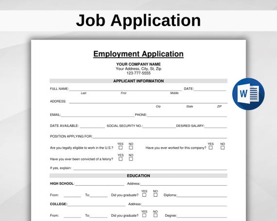 Printable Employee Application. Job Application Template. Application for Employment. HR Template. Editable New Employee Application Form