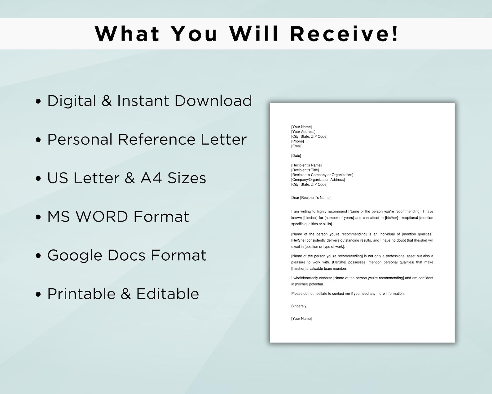 Printable Personal Reference Letter Template. Letter of Recommendation ...
