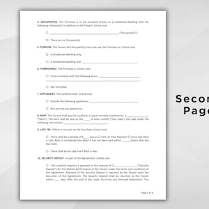 K&ouml;nnte beinhalten: Eine wei&szlig;e Dokumentseite mit einem Mietvertragsformular. Der Text "Second Page" ist fett und schwarz auf der rechten Seite. Das Formular enth&auml;lt Abschnitte f&uuml;r Bewohner, Zweck, Einrichtung, Ger&auml;te, Miete, Versp&auml;tungsgeb&uuml;hren und Kaution.