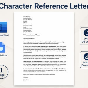 May include: A digital character reference letter template featuring black text on a white background. The document includes placeholders for names, addresses, and dates. Icons for Microsoft Word, Google Docs, A4 and US Letter sizes are visible.