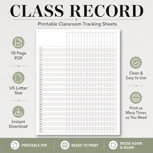 May include: A printable class record tracking sheet featuring a grid layout with numbered rows from 1 to 35. The document includes text labels such as CLASS RECORD, Printable Classroom Tracking Sheets, 10 Page PDF, US Letter Size, and Instant Download.
