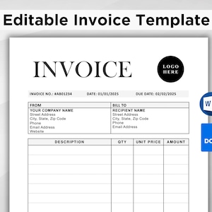 Könnte beinhalten: Eine schwarz-weiße Rechnungsvorlage mit dem Wort "INVOICE" in großen Fettdruckbuchstaben oben. Die Vorlage enthält Felder für Rechnungsnummer, Datum, Fälligkeit, von, an, Beschreibung, Menge, Einzelpreis und Betrag.