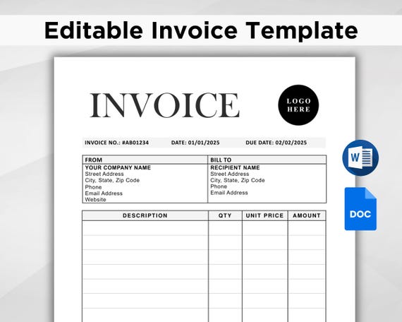 Invoice Template. Business Invoice. Invoice Word. Custom Invoice. Printable Invoice. Invoice Form. Editable Invoice Google Docs & Word