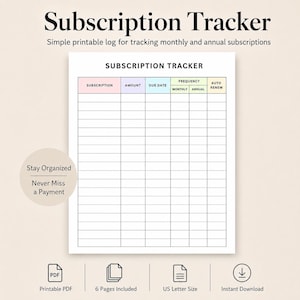 Op de afbeelding: Een printbaar abonnementen-trackerlogboek met een raster met kolommen voor abonnement, bedrag, vervaldatum, frequentie en automatische verlenging. De koprij bevat cellen in pastelkleuren. De tekst bevat Subscription Tracker, Stay Organized, Never Miss a Payment, Printable PDF, 6 Pages Included, US Letter Size en Instant Download.