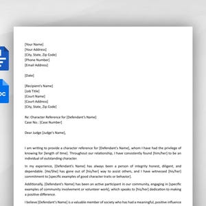 Op de afbeelding: Een digitaal documentsjabloon voor een karakterreferentiebrief met tijdelijke aanduidingen voor persoonlijke contactgegevens, datum, ontvangergegevens, zaaknummer en tekst over een gedaagde, weergegeven met blauwe Word- en DOC-pictogrammen.