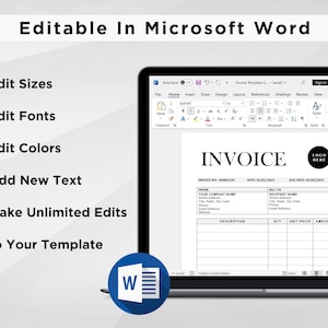 K&ouml;nnte beinhalten: Ein Screenshot eines Microsoft Word-Dokuments mit einer Rechnungsvorlage. Die Vorlage enth&auml;lt Felder f&uuml;r Rechnungsnummer, Datum, F&auml;lligkeit, von, an, Beschreibung, Menge, Einzelpreis und Betrag. Die Vorlage enth&auml;lt auch einen Platzhalter f&uuml;r ein Logo.