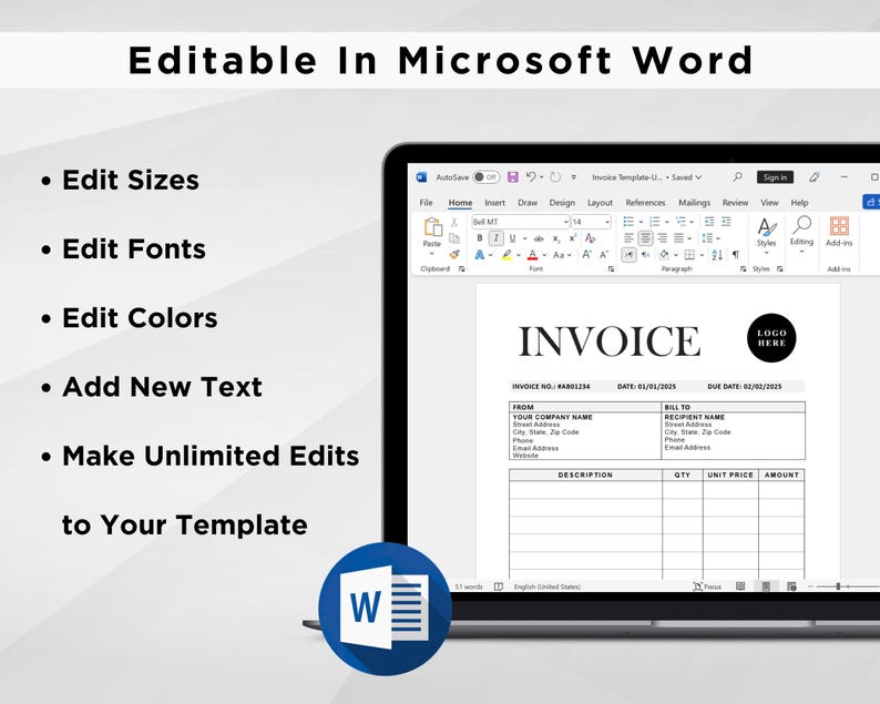 K&ouml;nnte beinhalten: Ein Screenshot eines Microsoft Word-Dokuments mit einer Rechnungsvorlage. Die Vorlage enth&auml;lt Felder f&uuml;r Rechnungsnummer, Datum, F&auml;lligkeit, von, an, Beschreibung, Menge, Einzelpreis und Betrag. Die Vorlage enth&auml;lt auch einen Platzhalter f&uuml;r ein Logo.