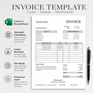 May include: A digital invoice template document featuring a clean, professional layout with sections for business details, client information, itemized services, and payment totals. The document includes text fields for logo, invoice number, date, and payment terms.