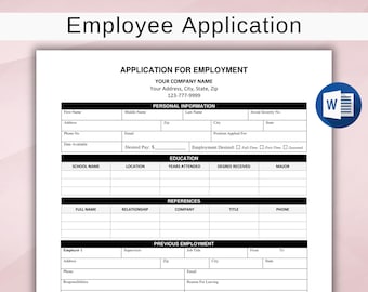 Job Application Template. Printable Employee Application. Application for Employment. HR Template. New Hire Form. Editable Microsoft Word.